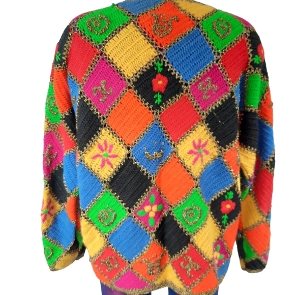 Vintage Jennifer Reed Hand Knit for The Limited Patchwork Afghan Sweater Small - Picture 4 of 10